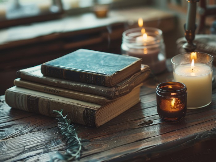 Old books stacked on a coffee table.